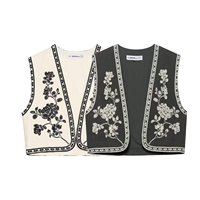 Zevity 2025 Women Fashion Flower Embroidery Short Vest Jacket Lady Open Stitching Crop WaistCoat Tops CT9112