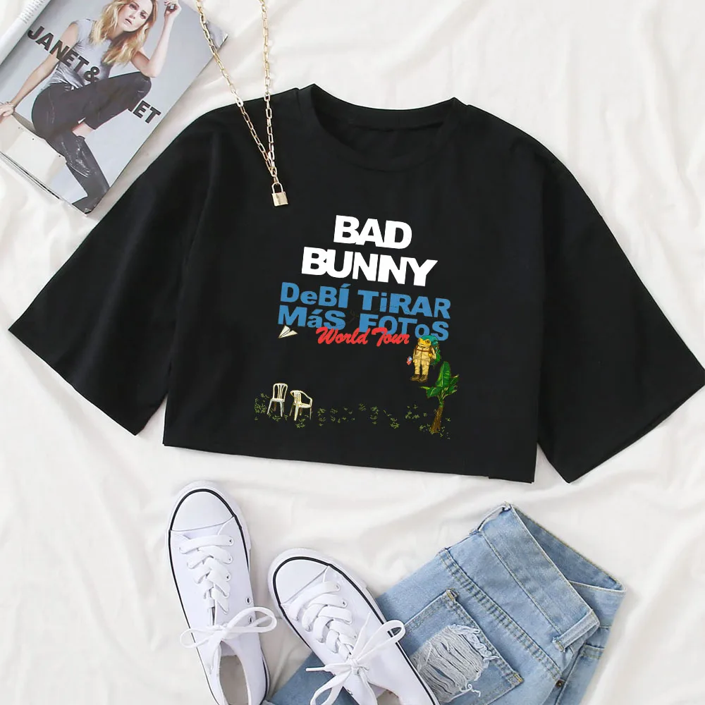 Camiseta Bad Bunny Tour 2025-2026 para Mulheres, Decote Redondo, Mangas Curtas, Tops Cropped, Presente para Fãs