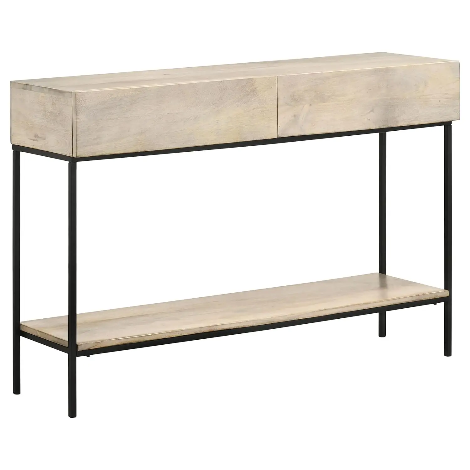 48 Inch White Washed Two Tone 2 Drawer Wood Metal Console   with Open Shelf Straight Leg for Entryway Living Room