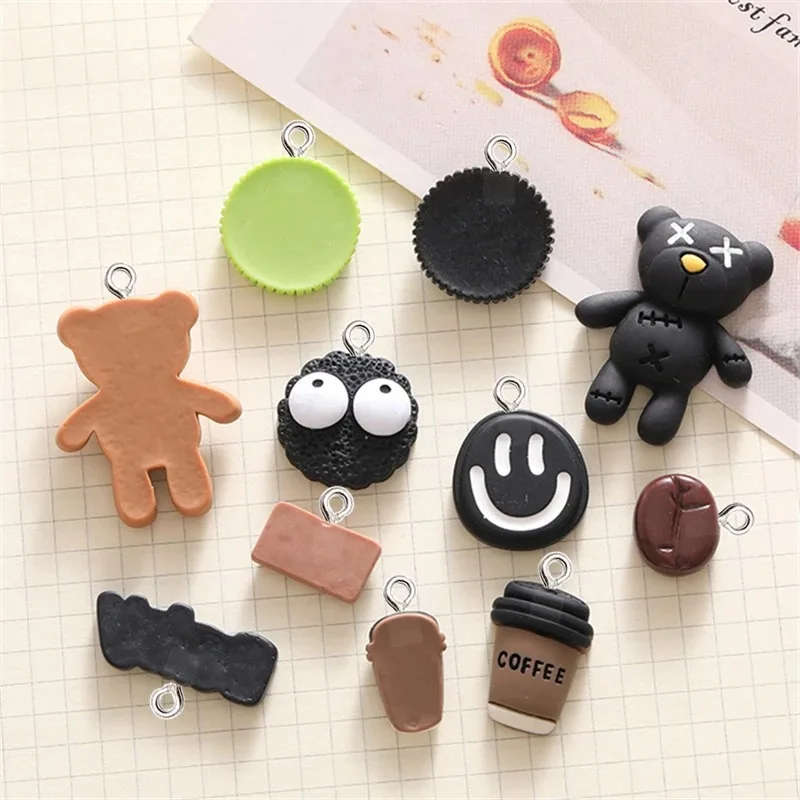 10Pcs Resin Catoon Bear Biscuit Coffee Cup Series Kawaii Keychain Decoration Pendant DIY Phone Charms Jewelry Making Accessories view 2