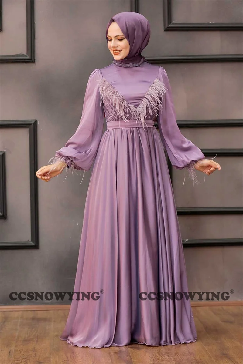 

Chiffon Feather Muslim Evening Dresses High Neck A Line Islamic Prom Dress Women Formal Party Gown Arabic Dubai Robe De Soiree