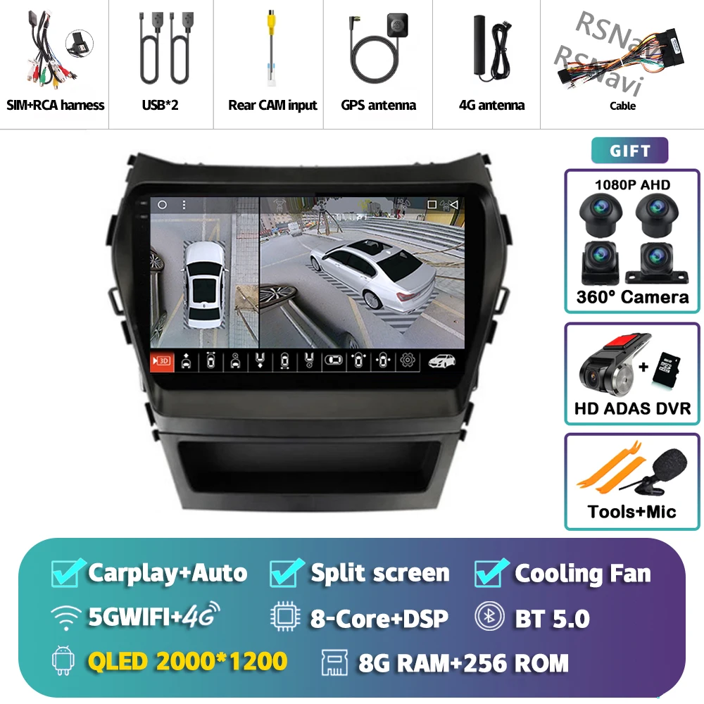 Android 15 Carplay Auto 2K Scherm Autoradio Multimedia Speler voor Hyundai Santa Fe 3 2013 - 2016 Autoradio GPS Stereo Head Unit