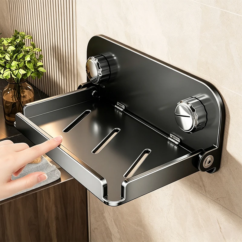 No Drill Wall Mounted Bathroom Storage Shelf Suction Cup Foldable Shower Rack Space Saving Bathroom Organizer