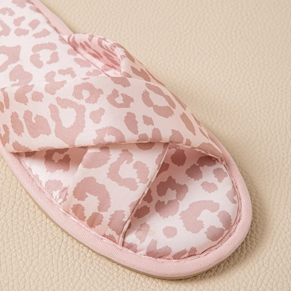 Casual Elegant Leopard Slippers Soft Bottom Non-Slip Satin Silk Slippers Peep Toe Glossy Slides Sandals Bedroom