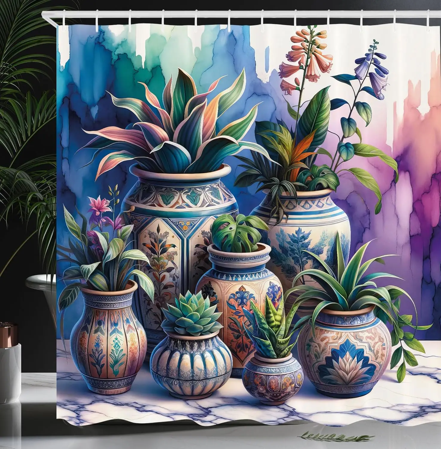 

Ambesonne Botanical Shower Curtain, Vibrant Potted Plants Artistic Shower Curtain with Colorful Vases and Tropical Leaves