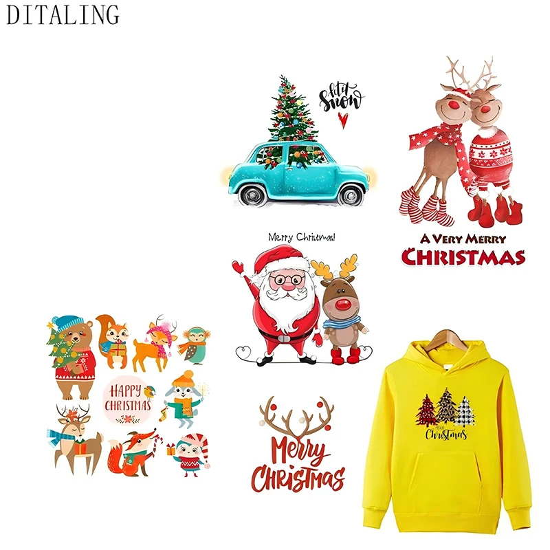 Christmas Patch For Clothing Iron-On Transfers For T-Shirt DIY Washable Sticker Deer Santa Claus Car Patch Heat Transfer Sticker