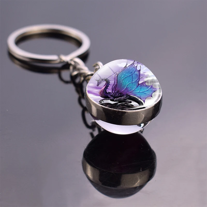 Fantasy Style Dragon Art Picture Glass Ball Keychain Keyrings Dragon Bag Pendant Key Chain Rings Holder