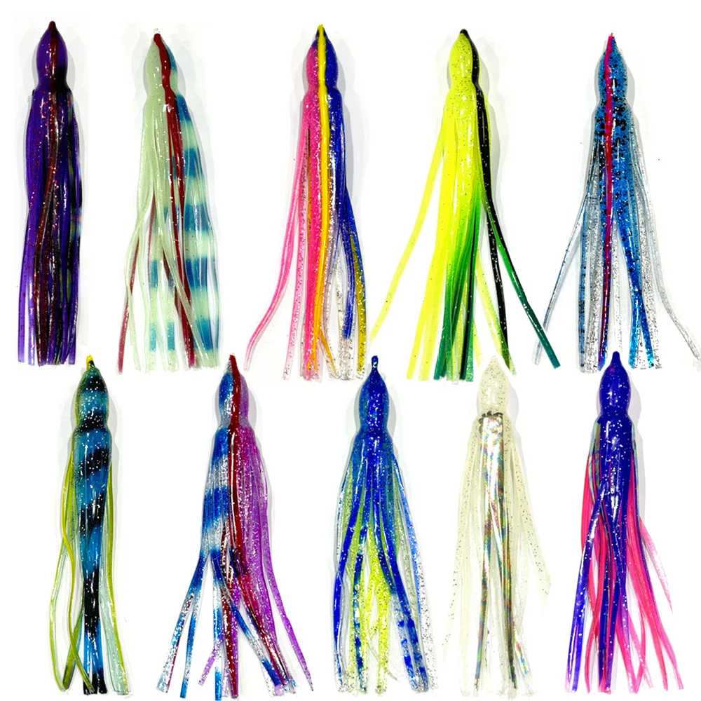 10 Stück 15 cm weiche leuchtende Oktopus-Röcke, Köder aus Silikon für Thunfisch, Mahi, Trolling, Hoochie, leuchtende Tintenfisch-Röcke, Jigging, Meeresfischköder – Detail 6