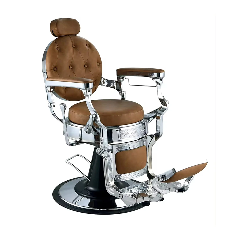 Vintage Classics Red Pu Leather Round Metal Base Salon Chair Luxury Retro Silver Frame Hairdressing Styling Barber Chair