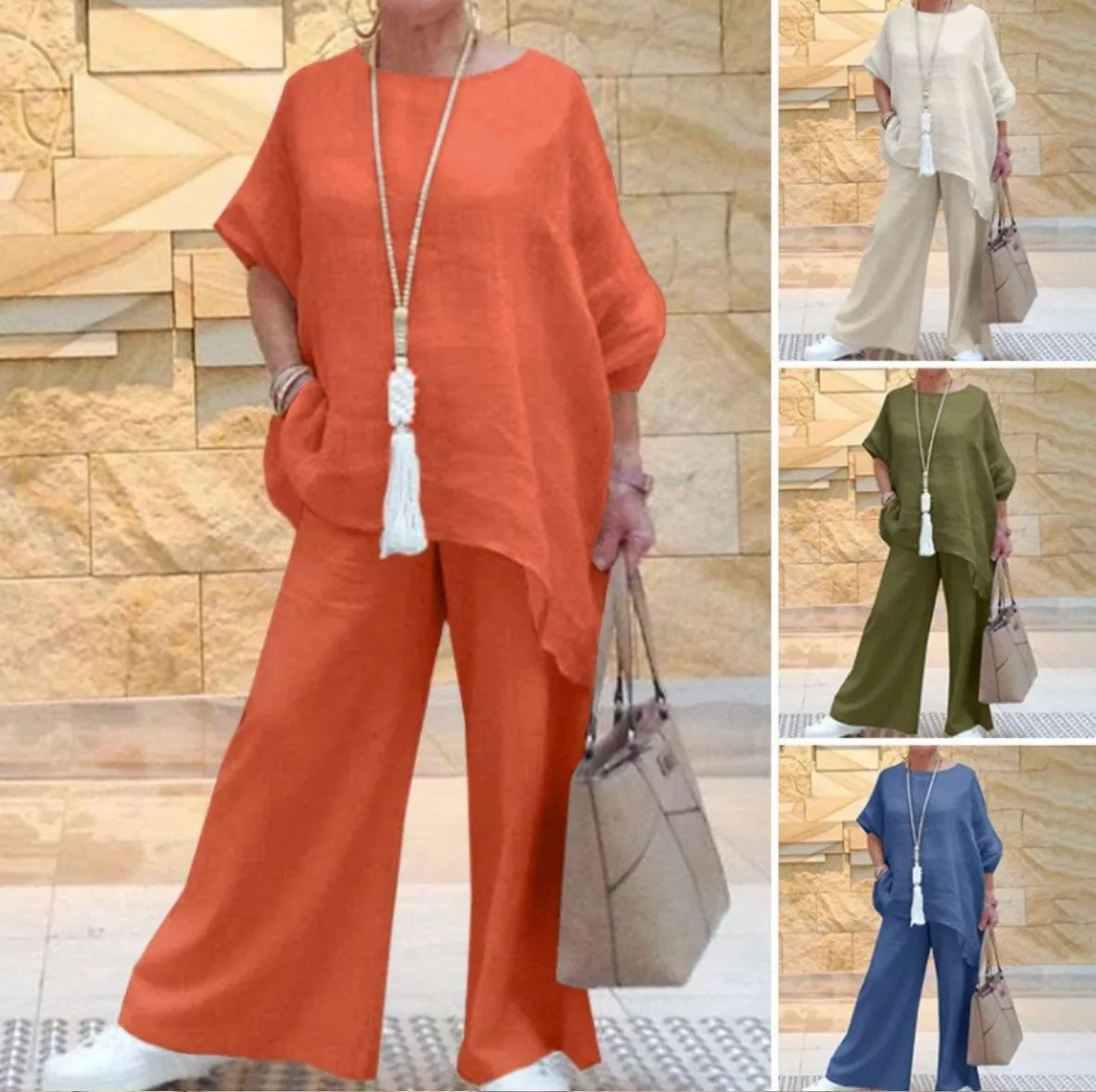 

2024 Summer Fashion Cotton Linen Women's Set Large Irregular Linen Shirt High Waist Loose Wide Leg Pants Elegant Two Piece Set