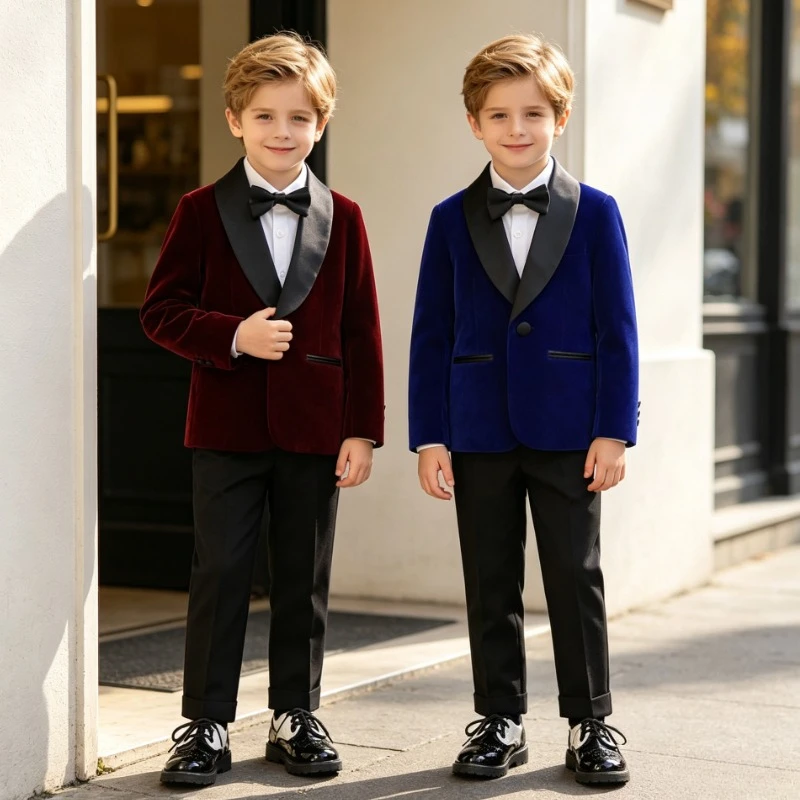 Boys Velvet Tuxedo Suit Blazer Pants Shirt Bow Tie Kids Ring Bearer Outfit Christmas Party Wedding Birthday Piano Formal Costume