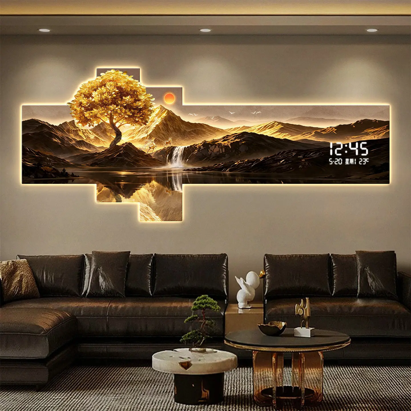 Modern Living Room Decoration Painting Perpetual Calendar Led Electronic Clock Sofa Background Wall Hanging Clock Wall Lamp