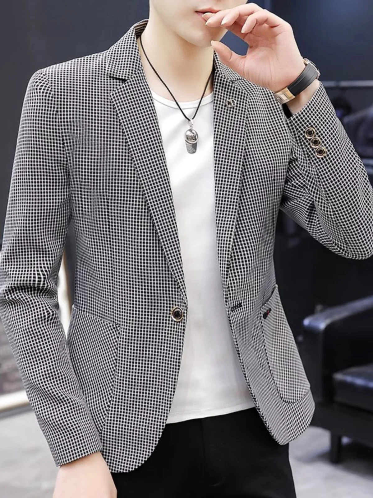 

Spring Autumn Men's Slim Fit Plaid Single-Breasted Jaet Casual Korean Sle Student Faion Outerwear Stand Length irt