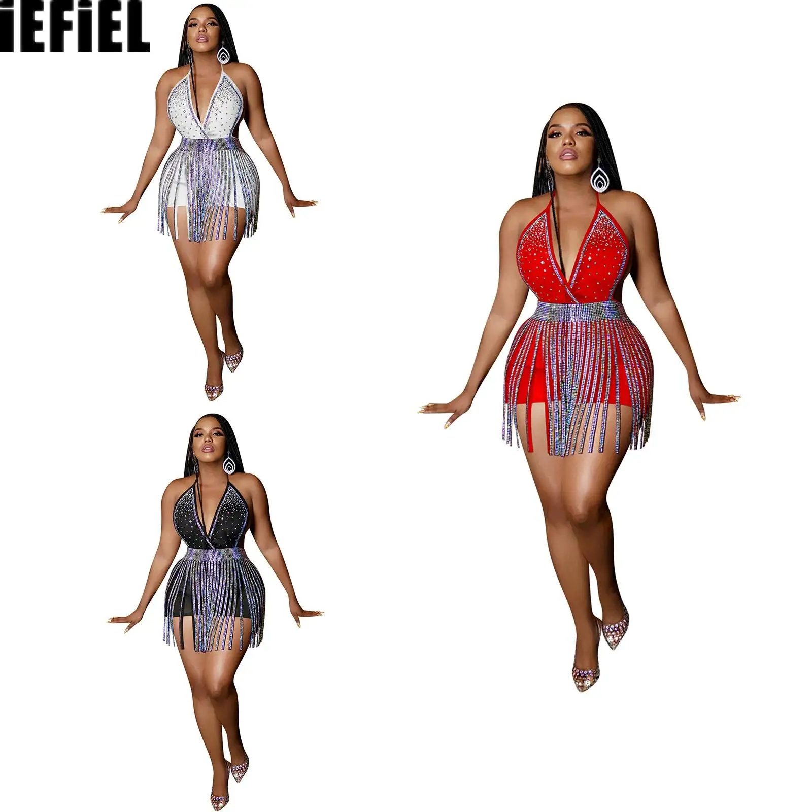 

Women Glitter Rhinestone Romper With Tassel Skirt 2-piece Set Deep V Neck Halter Sleeveless Backless Bodysuit with Skirt