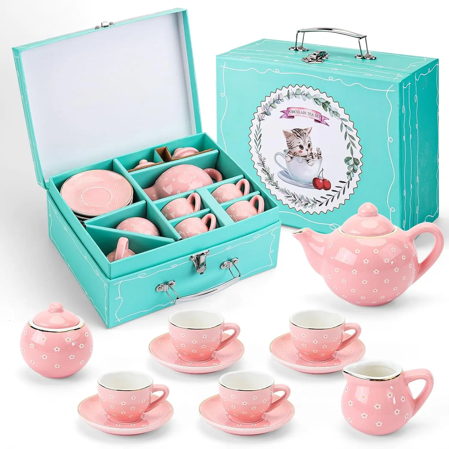 

13-Piece Kids Tea Party Set with Porcelain Cups, Saucers, Plates & Trays, Pastel Polka Dots Birthday Gift for Girls