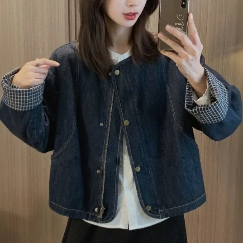 المرأة الرجعية الكورية Sle منقوشة طويلة Sve جولة Ne الدنيم Jaet الربيع Faionable تنوعا مزيج القطن والبوليستر #2