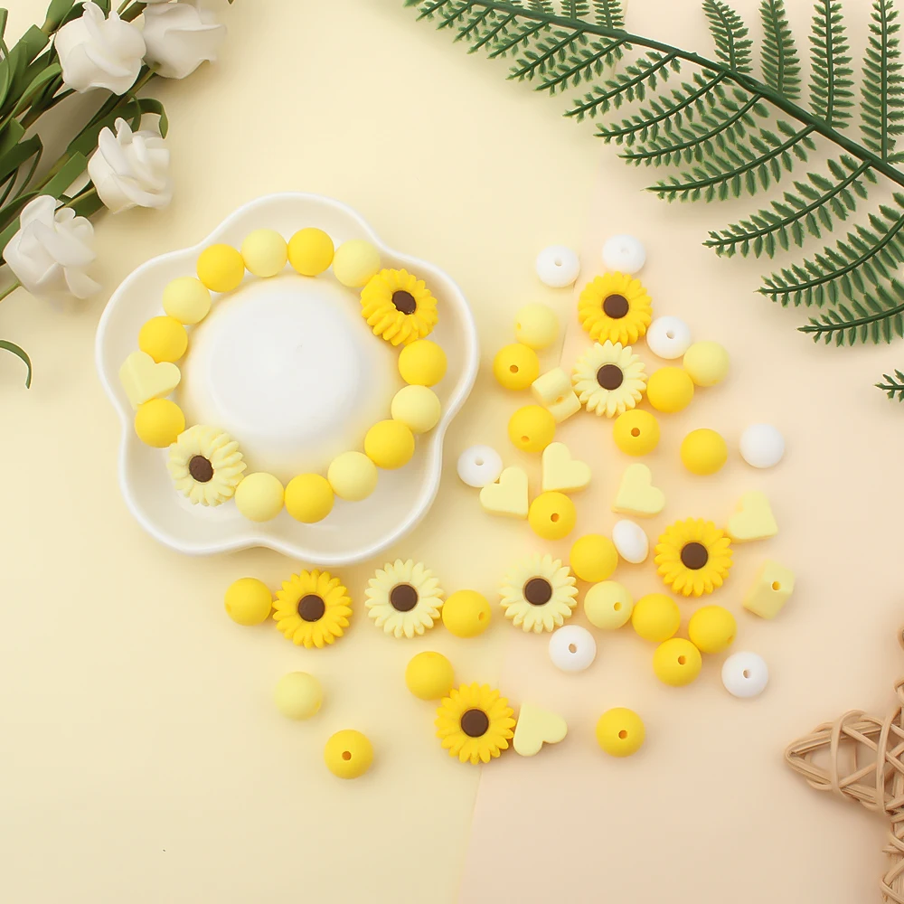 18 Teile/satz Silikon Perlen Sonnenblume Gänseblümchen Herz Perlen Fokal Perlen für Schmuck Machen Armbänder Stift Perlen DIY Schlüsselbund Zubehör