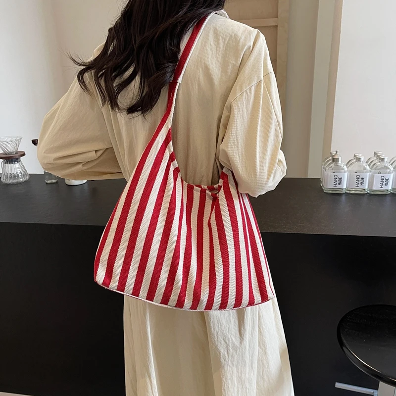 1 piece pure color one shoulder women\'s bag large capacity canvas tote bag stripesd bucket bag