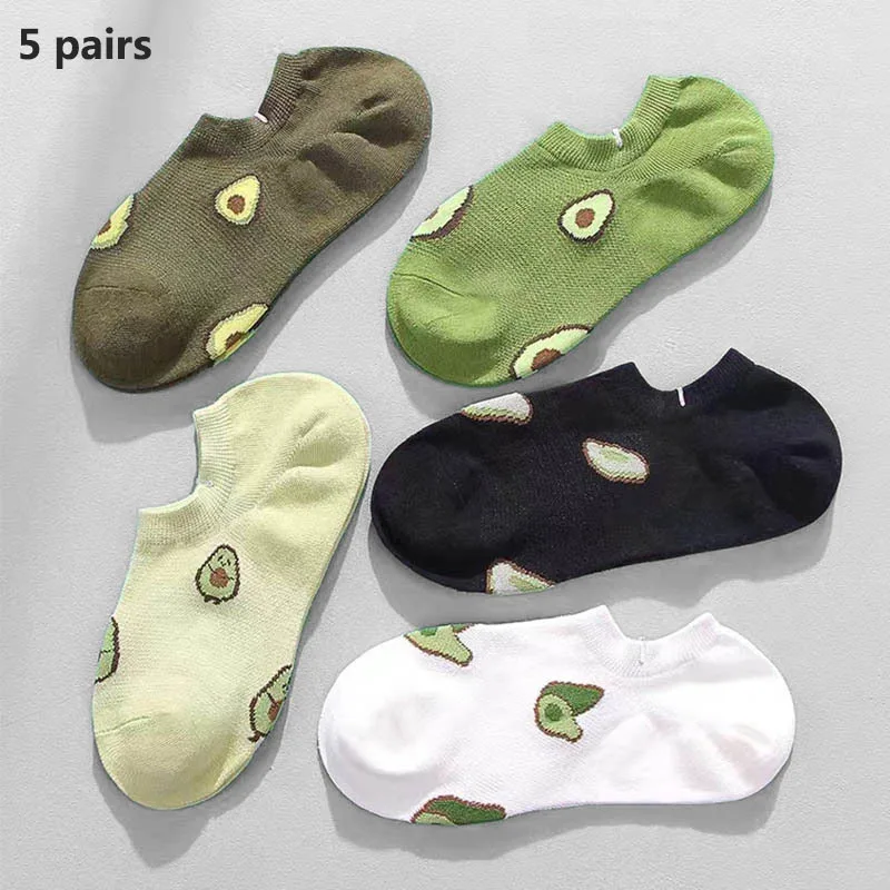 5 pairs of cartoon short socks with avocado summer women\'s socks boat socks fashionable printed casual women\'s socks