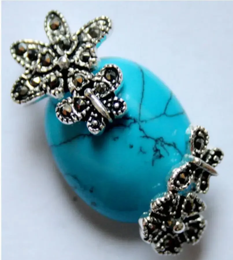 

vintage 925 silver natural 30*20 blue Turquoise flower marcasite pendent