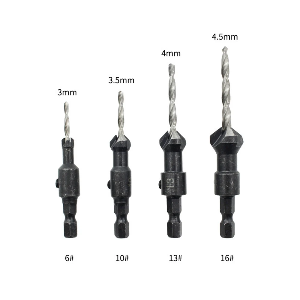 4Pcs Countersunk Drill Bit Set Drilling Pilot Holes Hex Shank Screw for Screw Sizes #6 #10 #13 #16 Woodworking Tool with Wrench