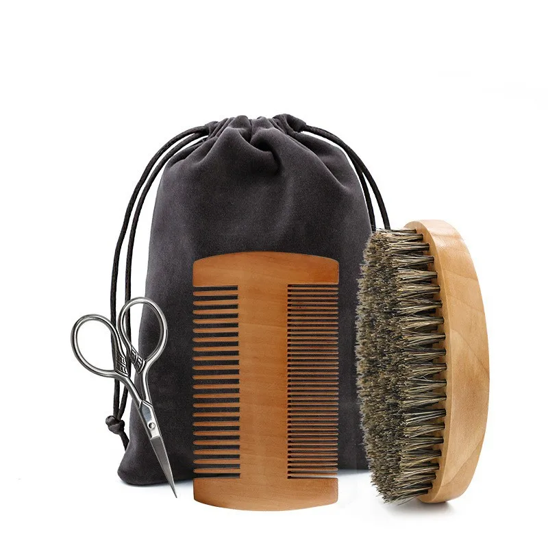 

Beard Brush Set Double-sided Styling Comb Scissor Mustache Modeling Hair Cleaning Care Kit for Men Wood Beard Brushes with Bag