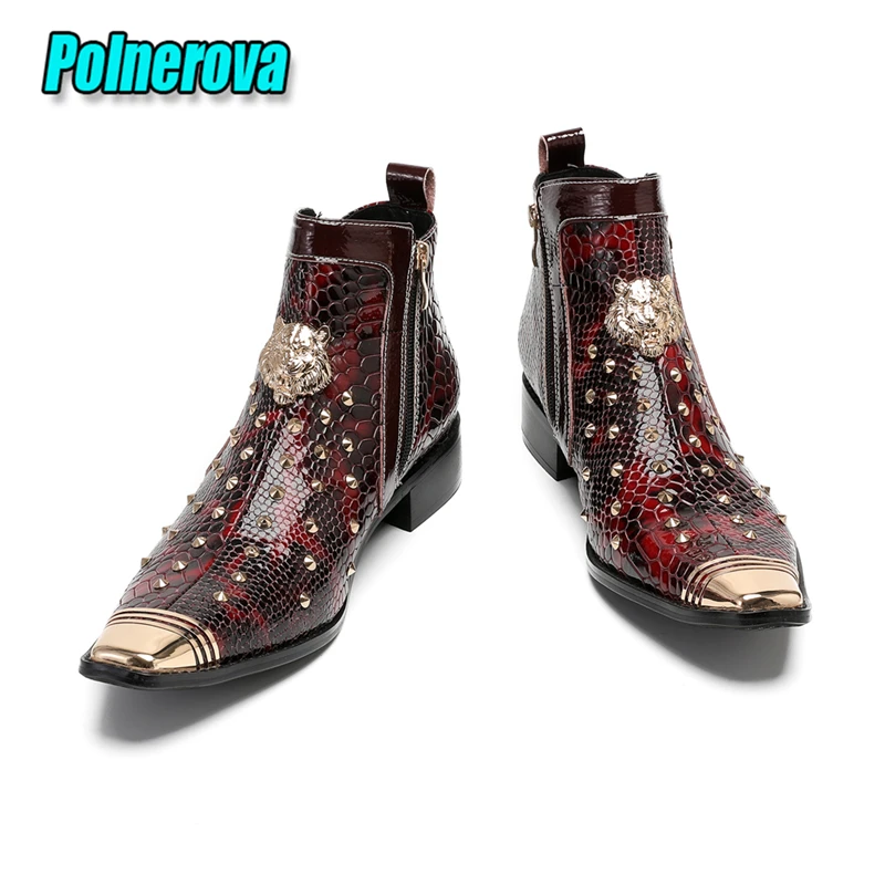 

Rivets Metal Tiger Decor Chelsea Boots Trendy Snake Patterned Patent Leather Square Toe Ankle Boots Party Men's Dress Shoes