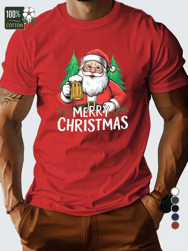 

Christmas Men's Beer Santa 3D printing Santa Claus Humor T Shirt Casual Holiday Christmas Drinking Tee Oversize Men's Clothing﻿