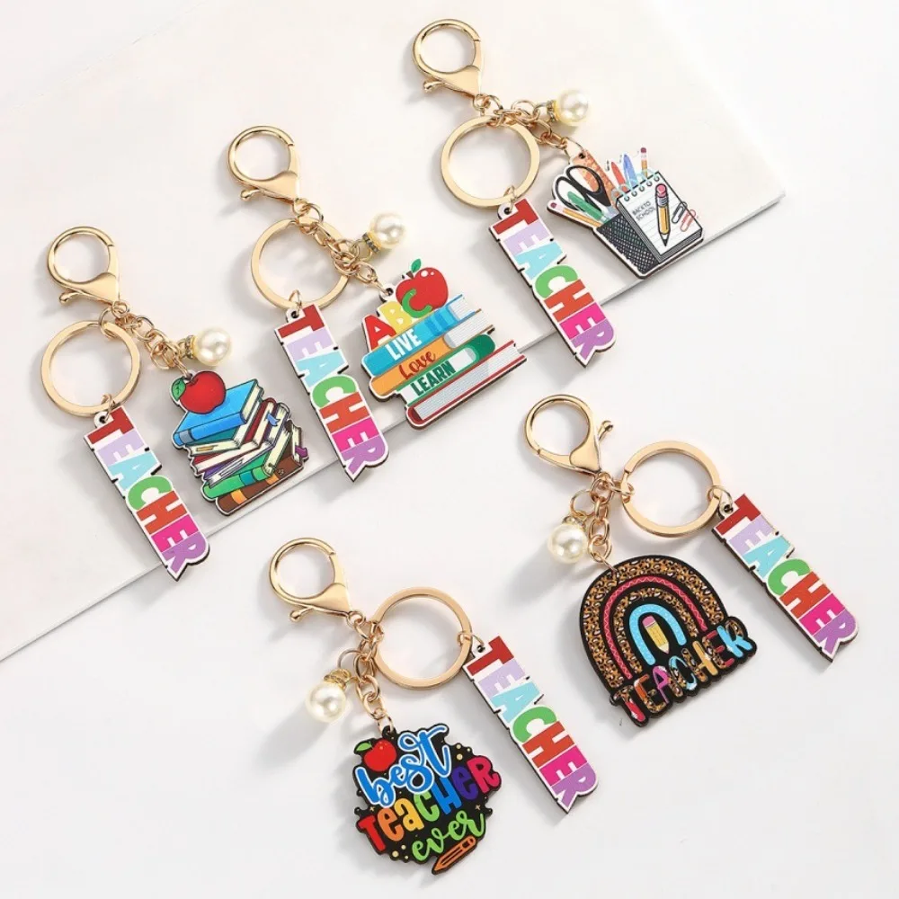 Wooden Teacher's Day Keychain Geometric Shape English Letter Text Keychain Pendant Rainbow Colorful Pen Holder Key Ring