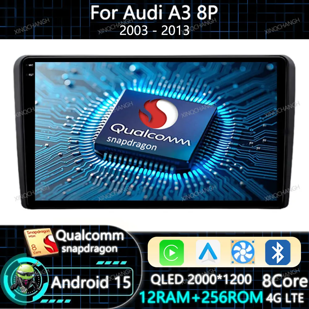 Android 16 Car Radio For Audi A3 8P 2003 - 2013 Multimedia Stereo Video Player 4G LTE 5G WIFI Qualcomm Carplay Auto BT 2DIN QLED