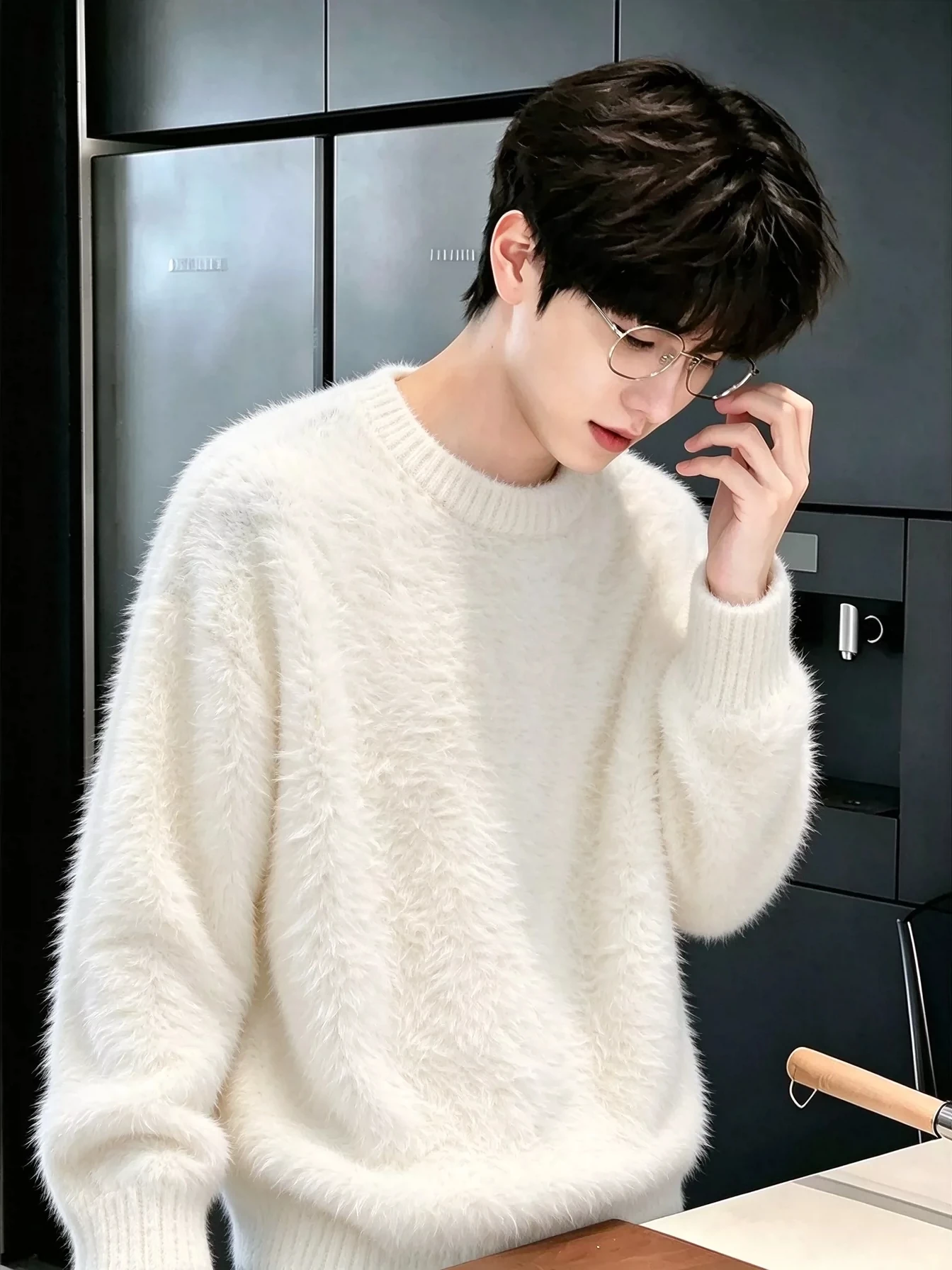 Loose Fit Men's Knitted Sweater round Neck Base Layer Inner Wear Faux Mink Velvet Warmth Cleanfit Style Autumn Winter Fashion