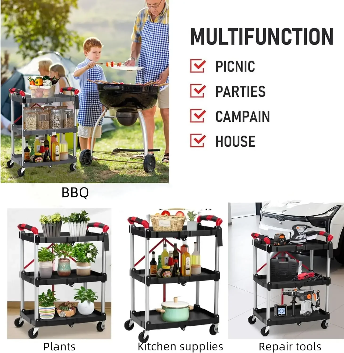 3-Tier Rolling Tool Cart w/Lockable Wheels, Foldable Utility Service Cart, 165LBS Heavy Duty Plastic Rolling Cart, Portable Fold