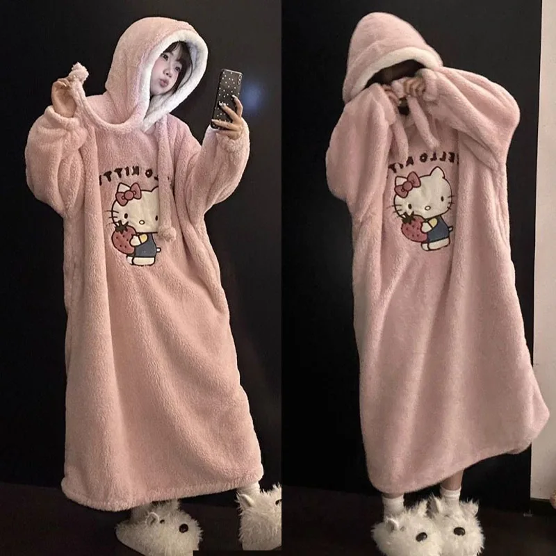 

Hello Kitty Winter Warm Women Sleepwear Loungewear Bathrobe Kawaii Soft Ladies Pajamas Cartoon Cute Homewear Pajamas Outerwear