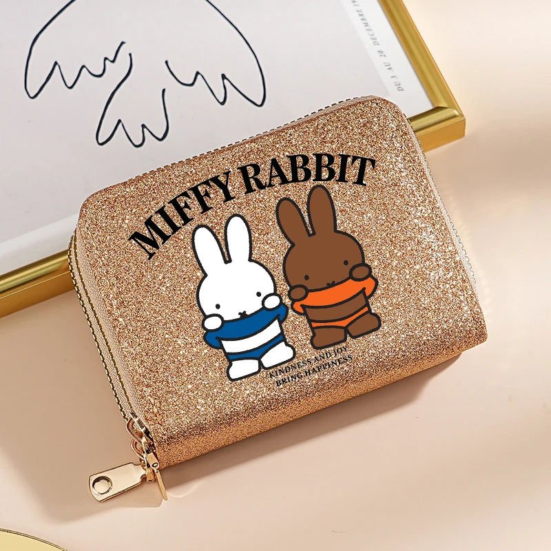 

Miffy Rabbit Glitter Bling Wallet Women Pu Short Wallet Cartoon Bunny Zipper Billfold ID Card Holder Kawaii Cute Girl Coin Purse