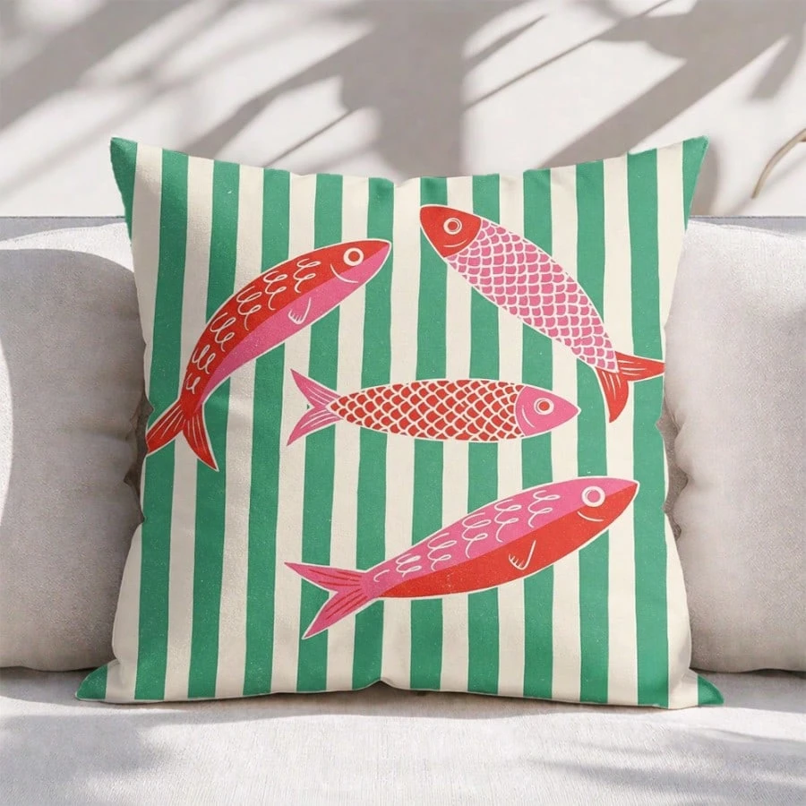 1pc Summer Green Striped Pink Fish Ocean Nautical Art Throw Pillow Cover 2D Double-Side Print Polyester Cushion Case for Patio B