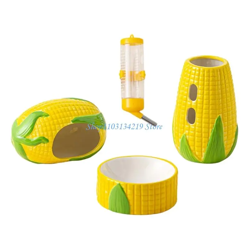 N5KC Ceramic Hamster Habitat Set for Small Animals, 3 Pcs Bowl and Shelter Accessories for Cage Feeding Area Use