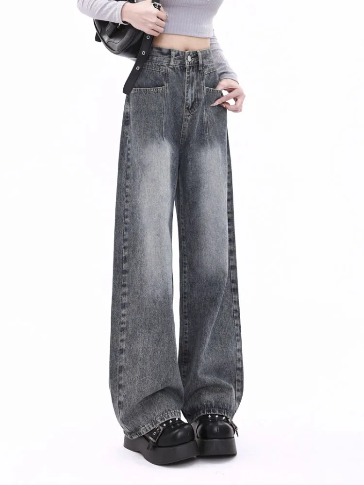 

American-style Chic Wash Jeans For Women Fall Fashion Streetwear High-waisted Wide-leg Denim Pants Vintage Trousers