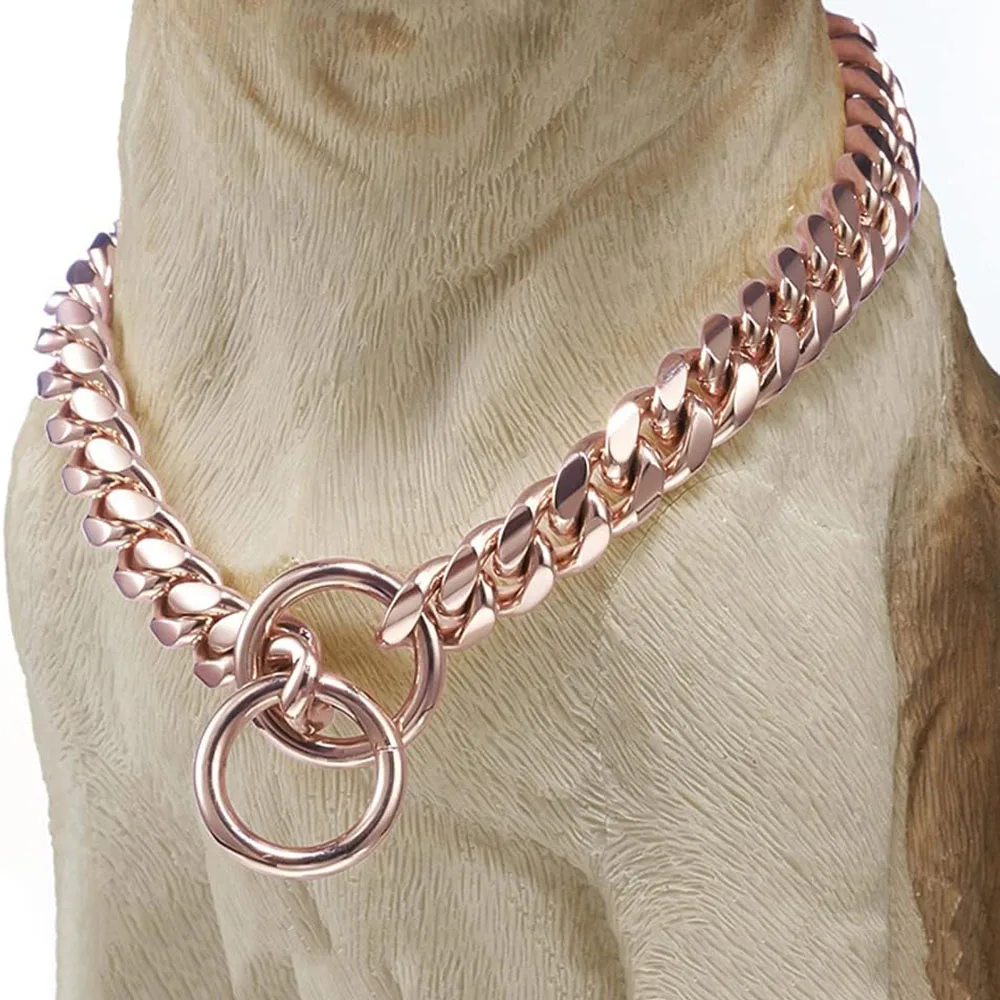 Collares para perros con cadena de oro rosa fuerte, cadena NK de acero inoxidable de 10MM de oro de 18 quilates para perros, Collar de entrenamiento para caminar a prueba de masticar con eslabones cubanos