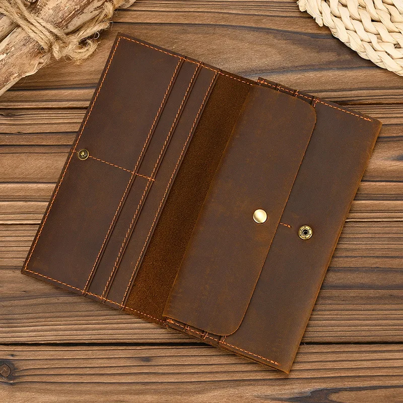 Men's Crazy Horse Leather Long Wallet Multi Card Holder Coin Purse Head Layer Cowhide Clutch Bag Mobile Phone Wallet