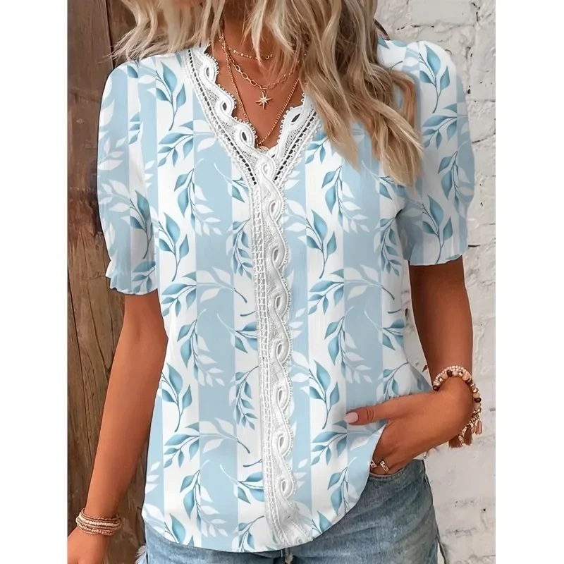 Camisa estampada de retazos de encaje con cuello en V para mujer, blusas elegantes de oficina de manga corta con estampado de flores para mujer 2024