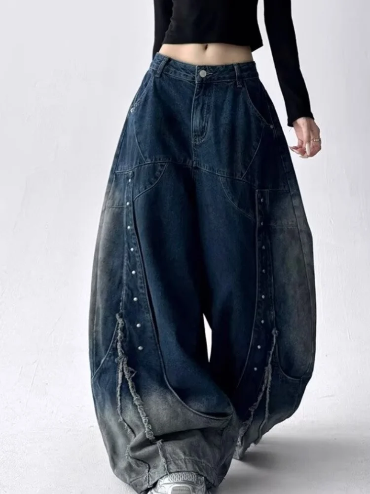 2026 American Retro Y2K Style Patchwork Washed Black Baggy Women's Stacked Jeans Pants Woman Clothing Wide Leg Denim Trousers