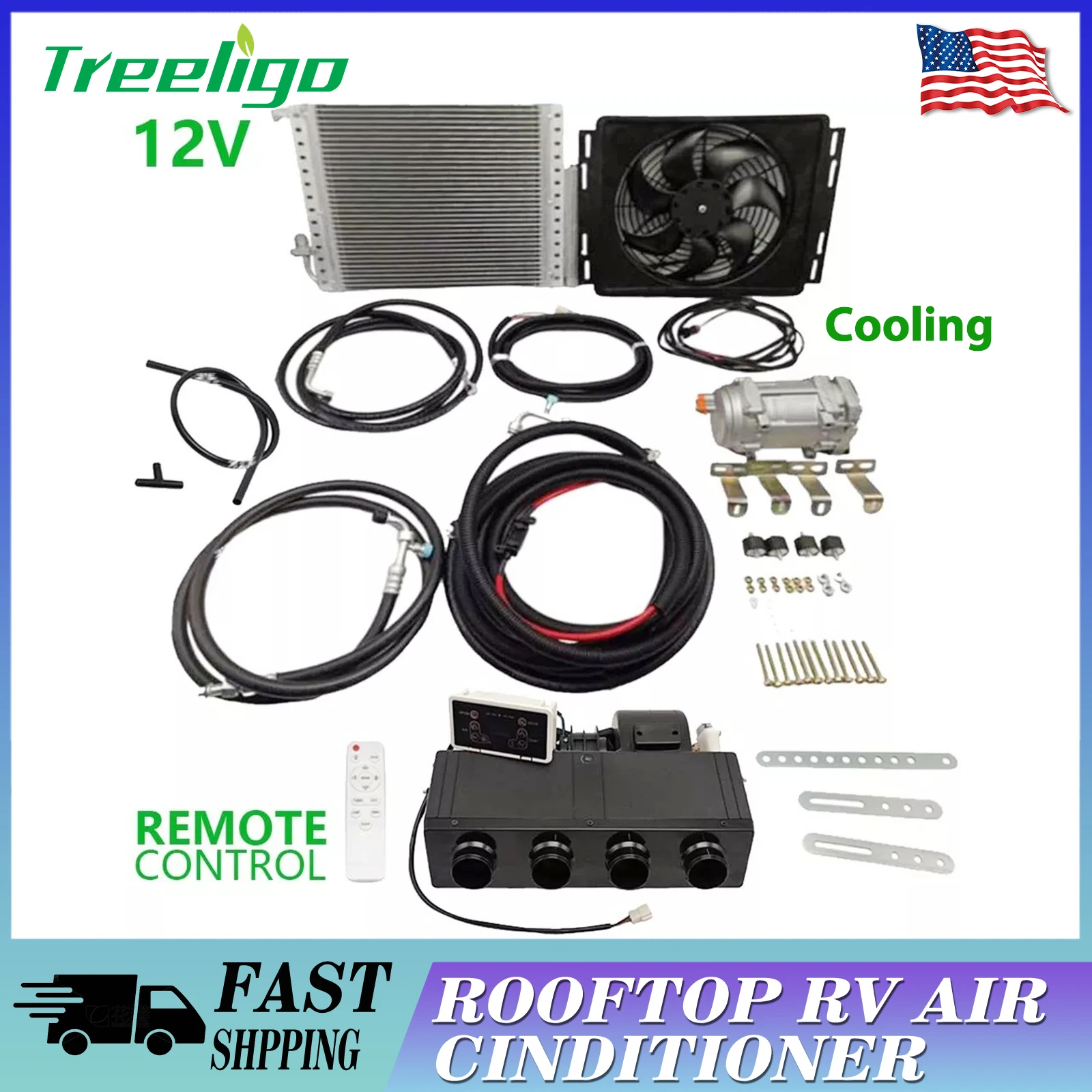 Treeligo 12V Cool Remote Contro Electric Automotive Air Conditioner New Energy Underdash AC Unit fFor Tractor Truck Camper Van