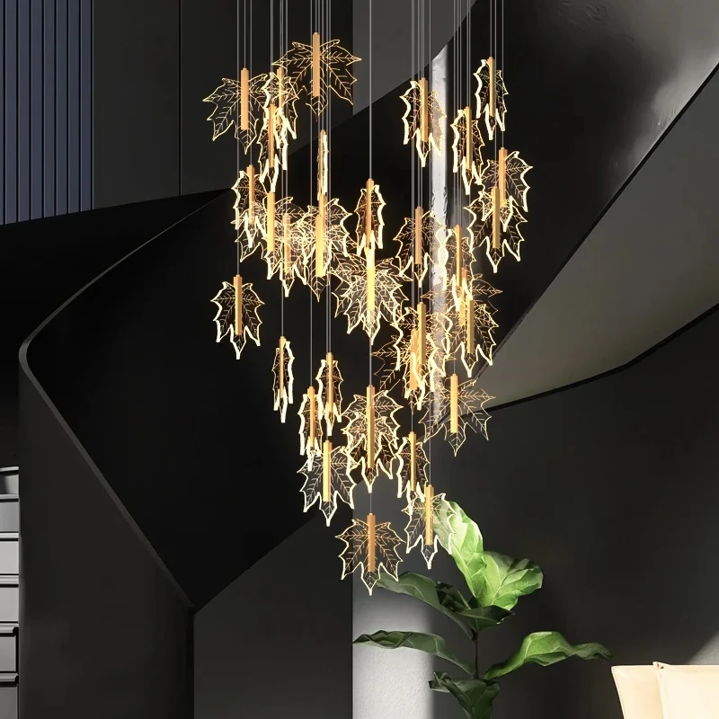 Maple Leaf LED Chandeliers Duplex Villa Stairway Hanging Lamp Stair Decoration Dining Room Lighting Bedroom Bedside Fixtures