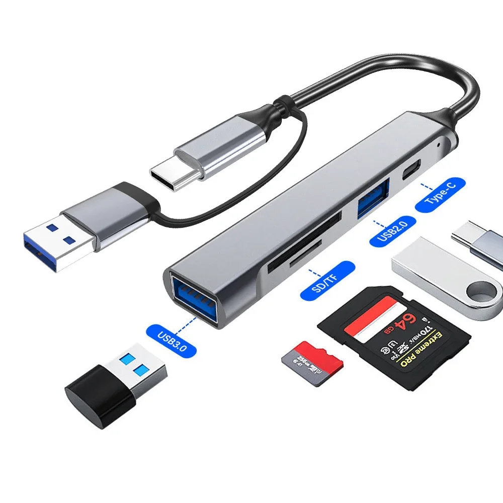 

[5-in-1 USB Hub] 5-in-1 Hub with USB Converter | Supports OTG + Phone, Computer, Laptop, USB Flash Drive, SD Card Data Transfer