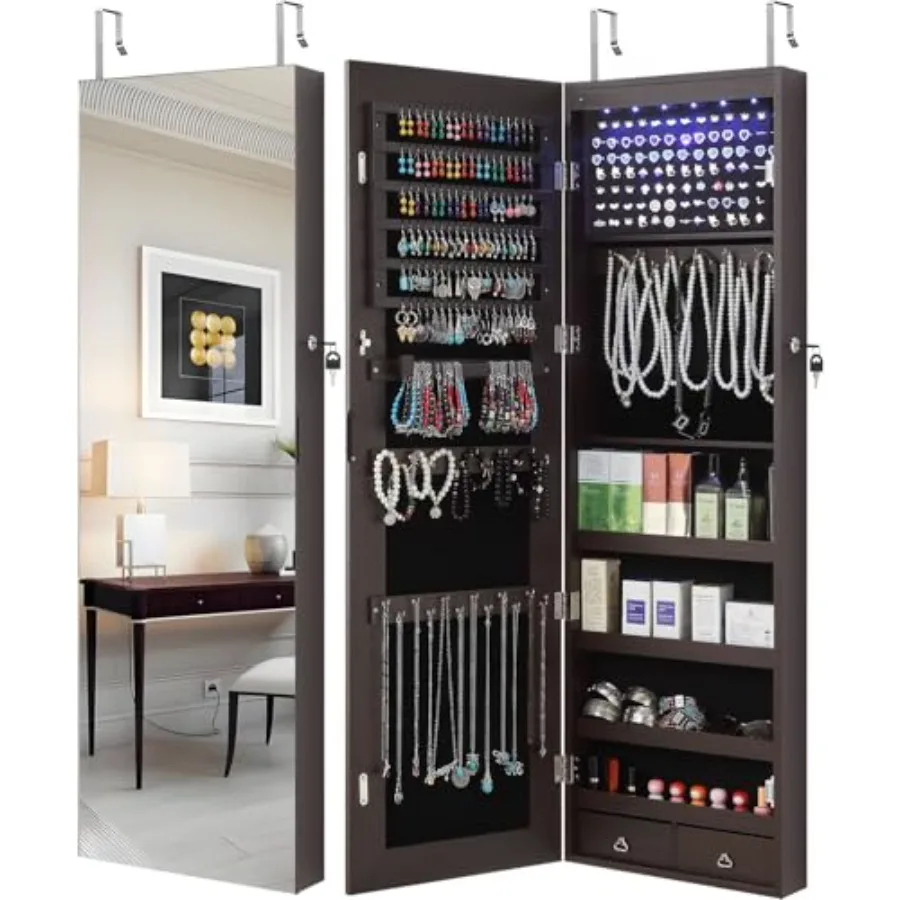 

Зеркальный шкаф для ювелирных изделий в полный рост, 6 светодиодов, шкаф для ювелирных изделий, настенный над дверью, подвесной органайзер для хранения ювелирных изделий с Lig