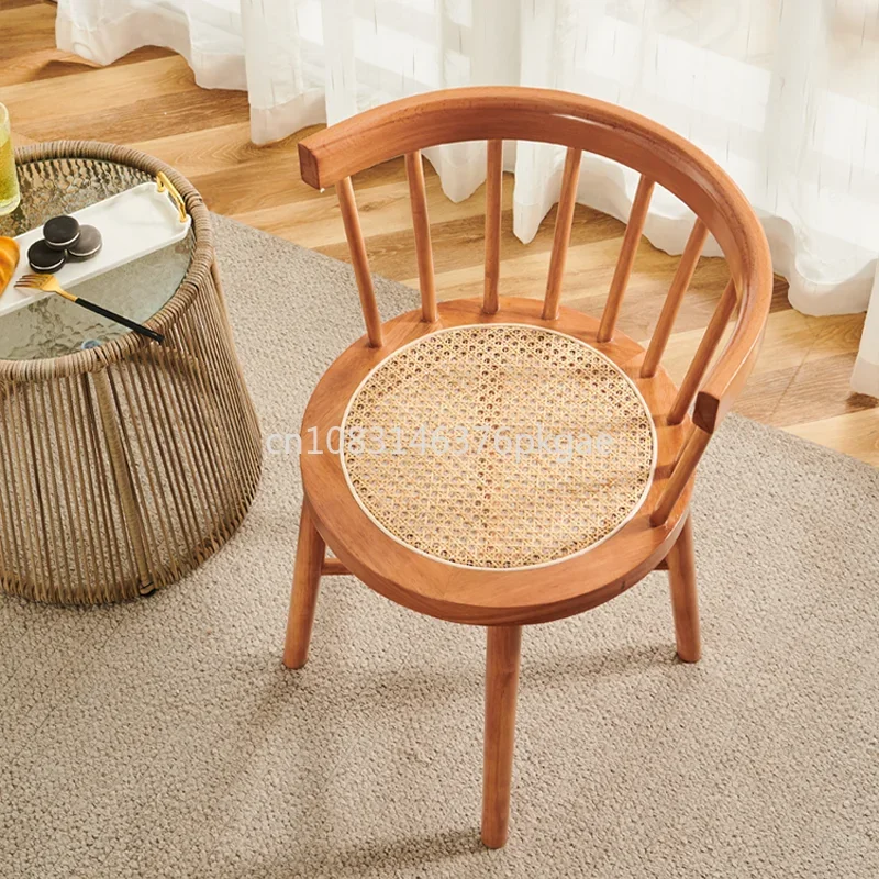 Japanese-style Wabi-sabi Wind Rattan Solid Wood Dining Chair Log Learning Balcony Leisure Chair Nordic Home B&B Back Arm Chair