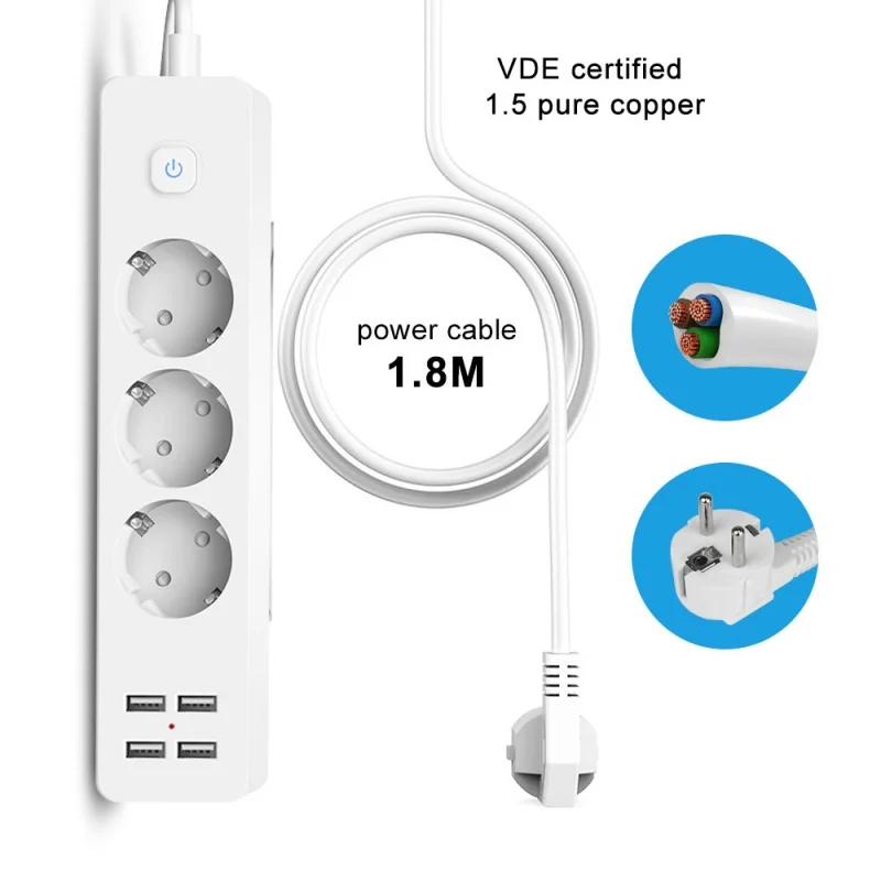2200 واط المعيار الأوروبي 3 فتحة مقبس الطاقة + 4 منفذ USB القياسية مؤرض قطاع الطاقة 3 الاتحاد الأوروبي التوصيل مآخذ مع كابل تمديد 1.8 متر