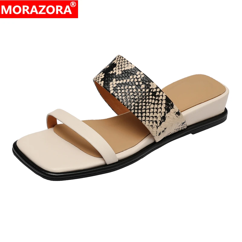 

MORAZORA Fashion Genuine Leather Slippers Women Shoes Snake Printed Wedges Slippers Mid Heels Summer Party Casual Shoes