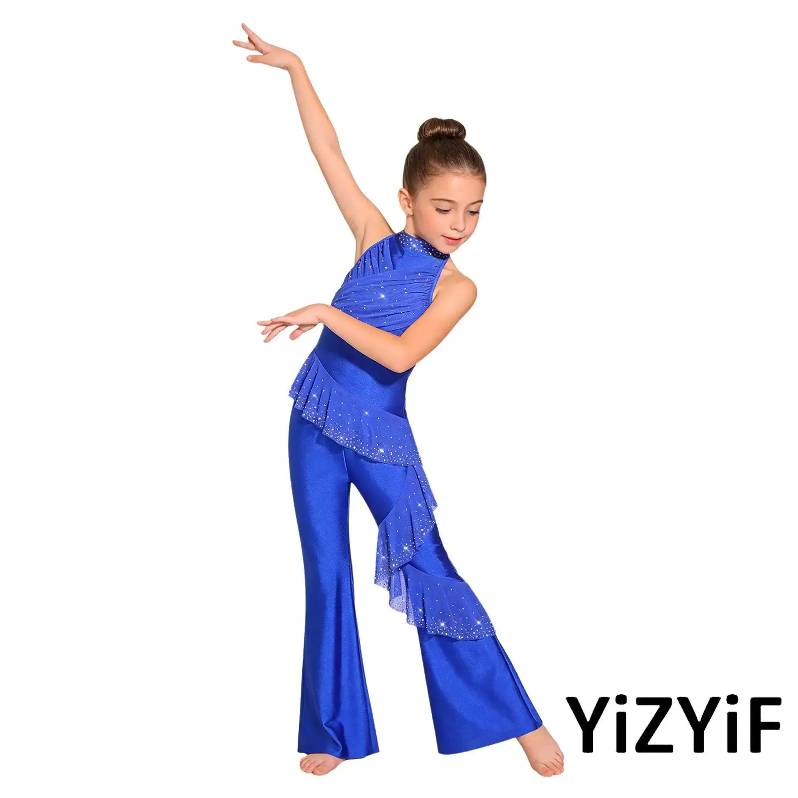 

Girls Sparkling Rhinestones Gymnastics Dance Clothes Sleeveless Bell-Bottom Ballet Dance Bodysuit Stage Ballroom Dance Jumpsuit