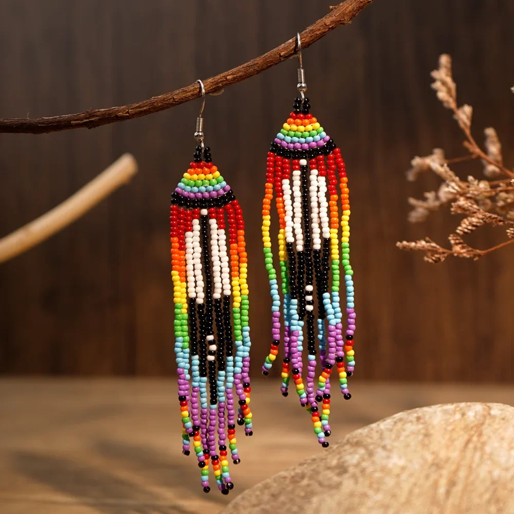 Rice bead earrings Tassel Originality Gradient Design Geometry Hand knitting Bohemia Alloy Fashion Simple Beaded earrings